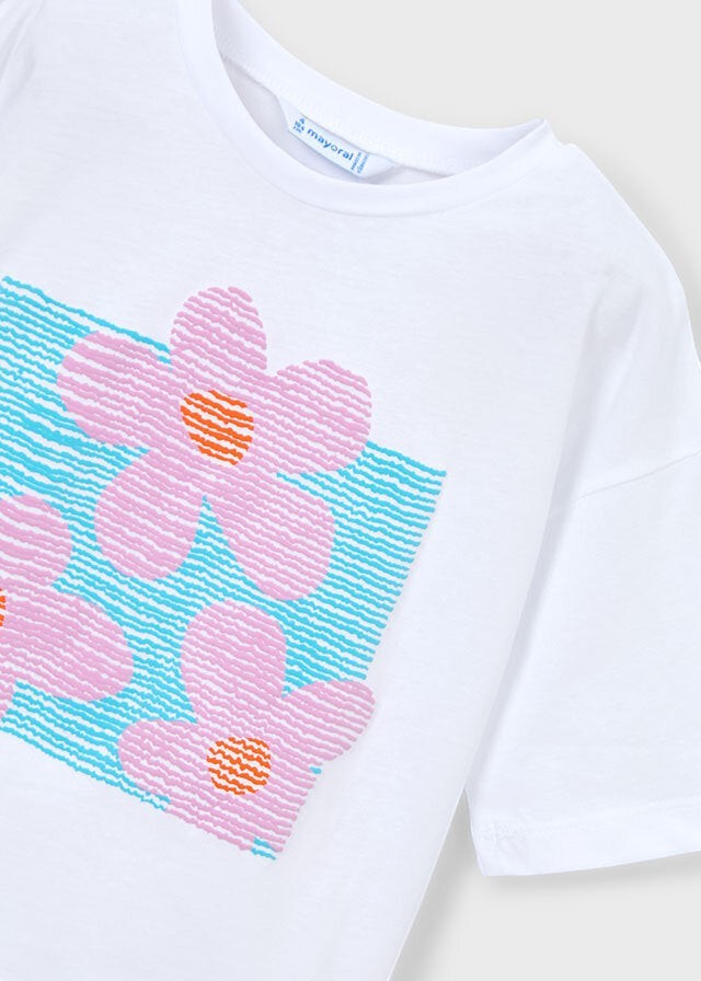 Maglietta bianca in cotone Scugnizzi 0-16 con stampa floreale rosa e azzurra a righe ondulate per bambina