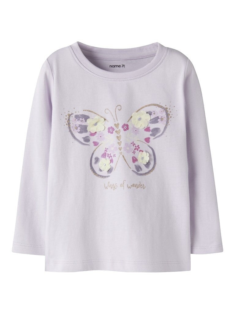 Maglietta a maniche lunghe lilla Scugnizzi 0-16 con stampa farfalla glitterata e applicazioni floreali per bambina