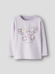 Maglietta a maniche lunghe Scugnizzi 0-16 Name it color lilla con stampa farfalla glitterata e dettagli floreali
