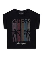 Maglietta nera a maniche corte Scugnizzi 0-16 GUESS con stampa frontale di palme e logo decorato con strass colorati