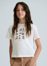 Maglietta a maniche corte color crema di Scugnizzi 0-16 con stampa grafica "Rodeo" di stivali e cappelli da cowboy.
