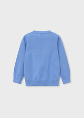 Vista posteriore del maglione girocollo azzurro Scugnizzi 0-16 in morbida maglia per bambino