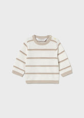 Maglione Scugnizzi 0-16 per neonato a righe orizzontali bianche e beige con bottoni sulla spalla e bordi a costine
