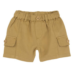 Pantaloncini cargo Scugnizzi 0-16 color sabbia in tessuto leggero con vita elasticizzata e tasche laterali con bottoni.