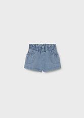 Pantaloncini corti in denim azzurro Scugnizzi 0-16 con vita alta arricciata e tasche frontali arrotondate.