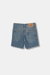 Pantaloncini in denim blu medio Levi's per bambini con etichetta in pelle e cuciture ad arco, vista posteriore.