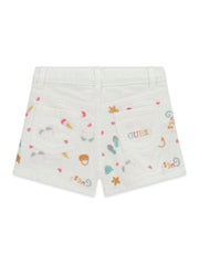 Pantaloncini corti in denim bianco Scugnizzi 0-16 GUESS con stampa estiva colorata e tasche posteriori