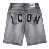 Pantaloncini in denim grigio Scugnizzi 0-16 con lavaggio vintage, effetto destroyed e stampa Icon nera sul retro