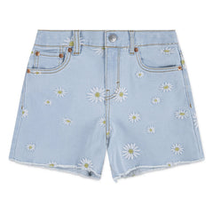 Pantaloncini in denim azzurro chiaro Scugnizzi 0-16 con ricami a margherite bianche e orlo sfrangiato per bambina