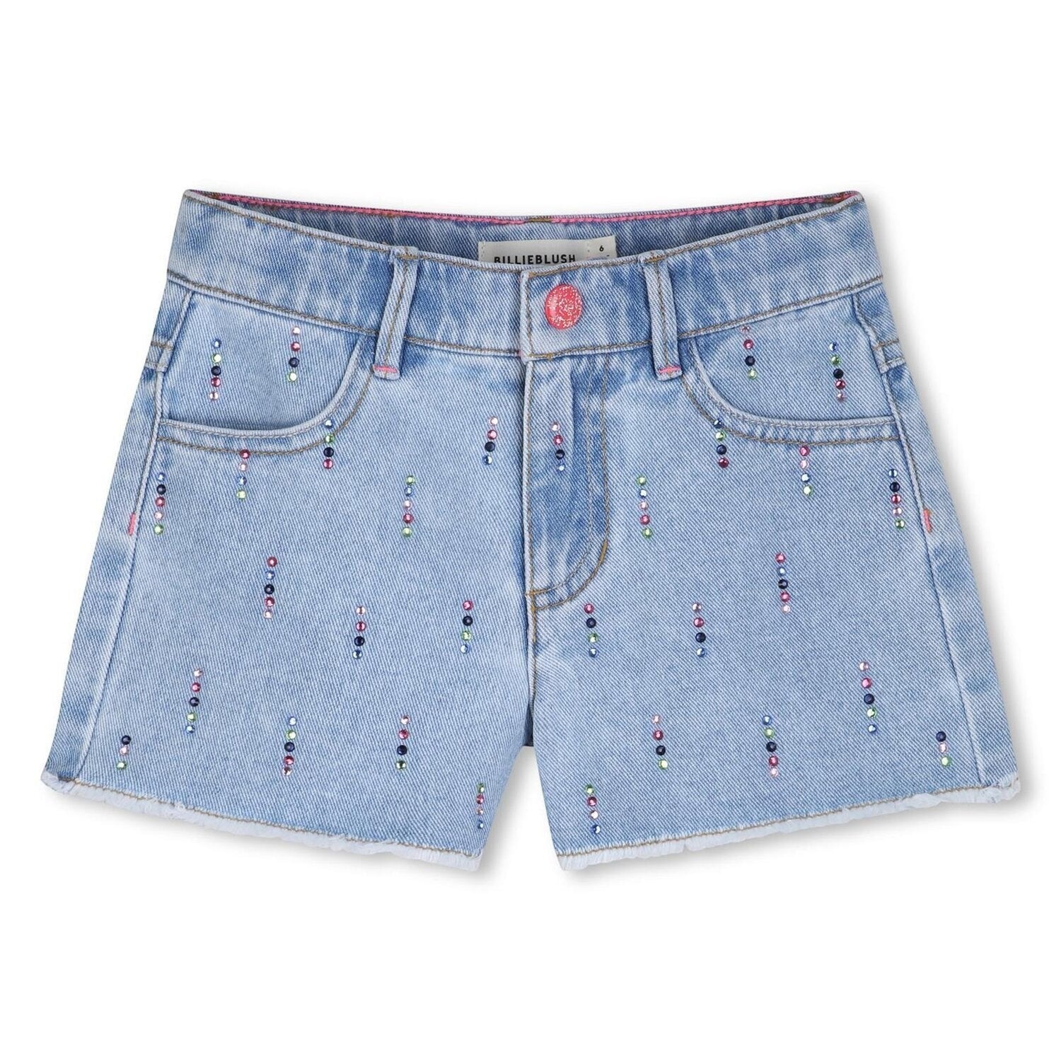 Pantaloncini in denim chiaro Billieblush con strass colorati, fondo sfrangiato e bottone gioiello per bambina