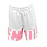 Pantaloncini sportivi Scugnizzi 0-16 bianchi e rosa con scritta iconica, vita elasticizzata e coulisse per bambina.