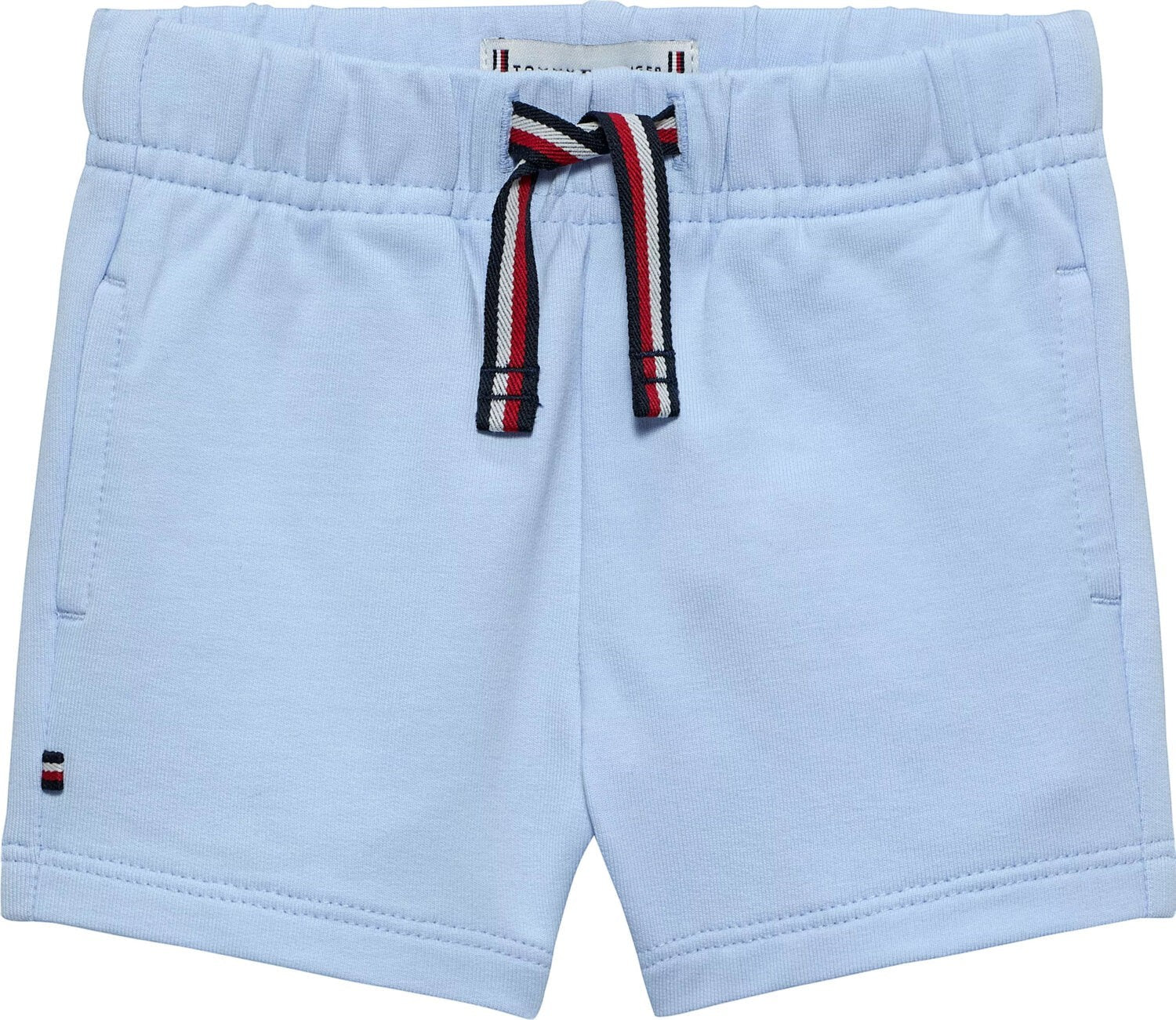 Pantaloncini Scugnizzi 0-16 Tommy Hilfiger in cotone azzurro con vita elasticizzata, coulisse a righe e logo ricamato