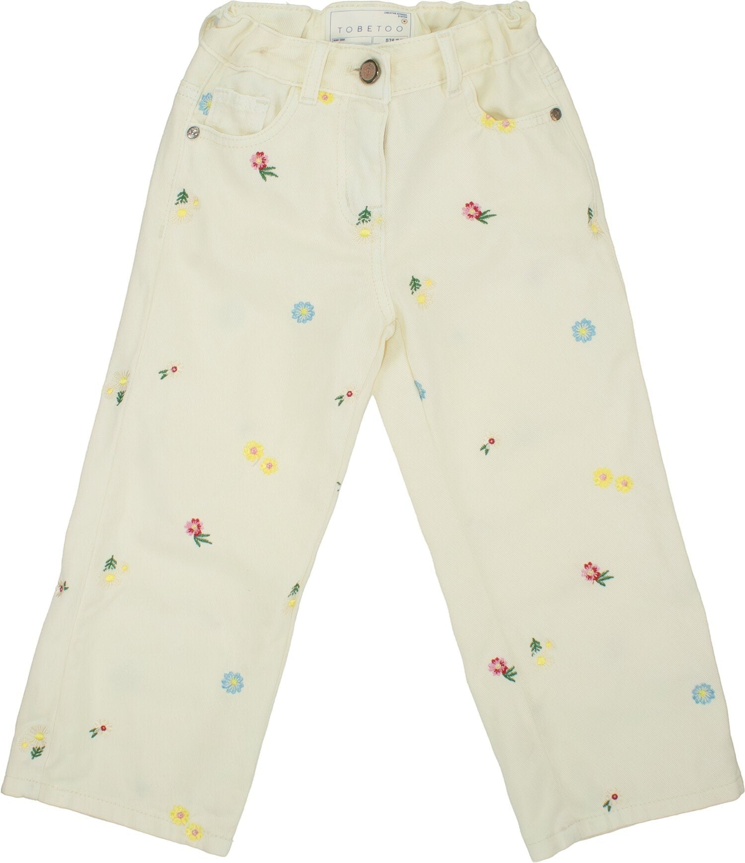 Pantaloni Scugnizzi 0-16 TOBETOO color crema per bambina con ricami floreali multicolore e vita elasticizzata