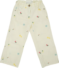 Pantaloni Scugnizzi 0-16 TOBETOO color crema per bambina con ricami floreali multicolore e vita elasticizzata