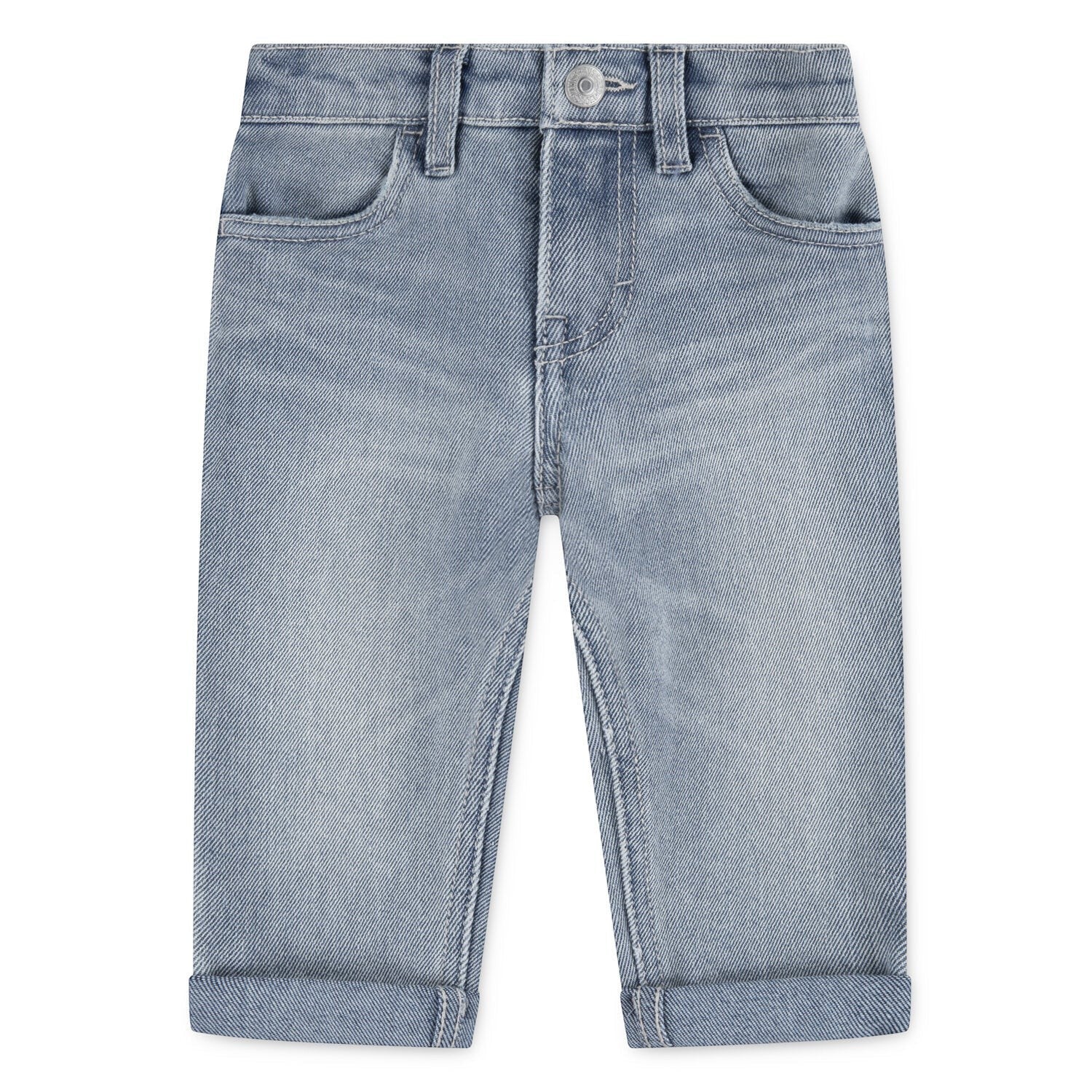 Pantaloni in denim azzurro chiaro Scugnizzi 0-16 con risvolto sul fondo, tasche laterali e chiusura a bottone.