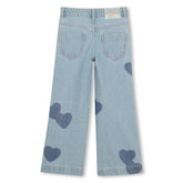 Pantaloni in denim Scugnizzi 0-16 a gamba larga con fantasia a cuori blu scuro su base azzurra chiara