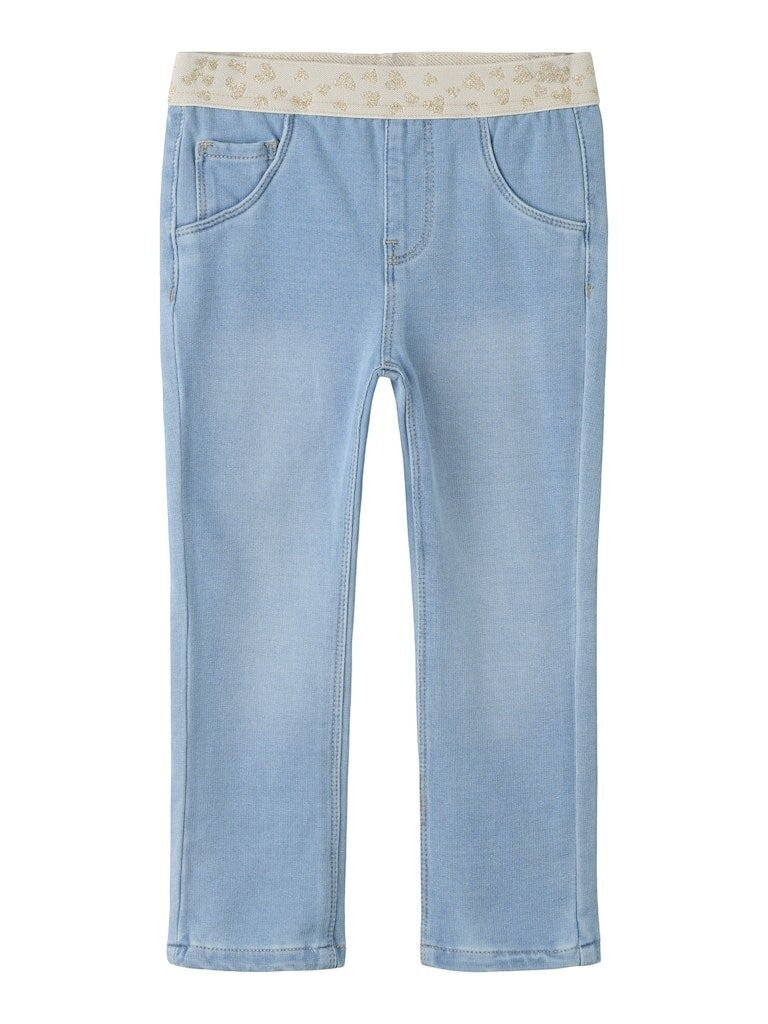 Pantaloni in denim Scugnizzi 0-16 lavaggio chiaro con vita elastica color crema e cuoricini glitterati dorati