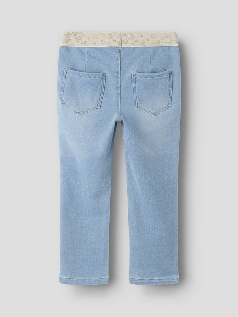 Pantaloni in denim Scugnizzi 0-16 lavaggio chiaro con vita elastica color crema e cuoricini glitterati dorati