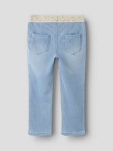 Pantaloni in denim Scugnizzi 0-16 lavaggio chiaro con vita elastica color crema e cuoricini glitterati dorati