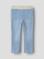 Pantaloni in denim Scugnizzi 0-16 lavaggio chiaro con vita elastica color crema e dettagli a cuoricini glitterati dorati