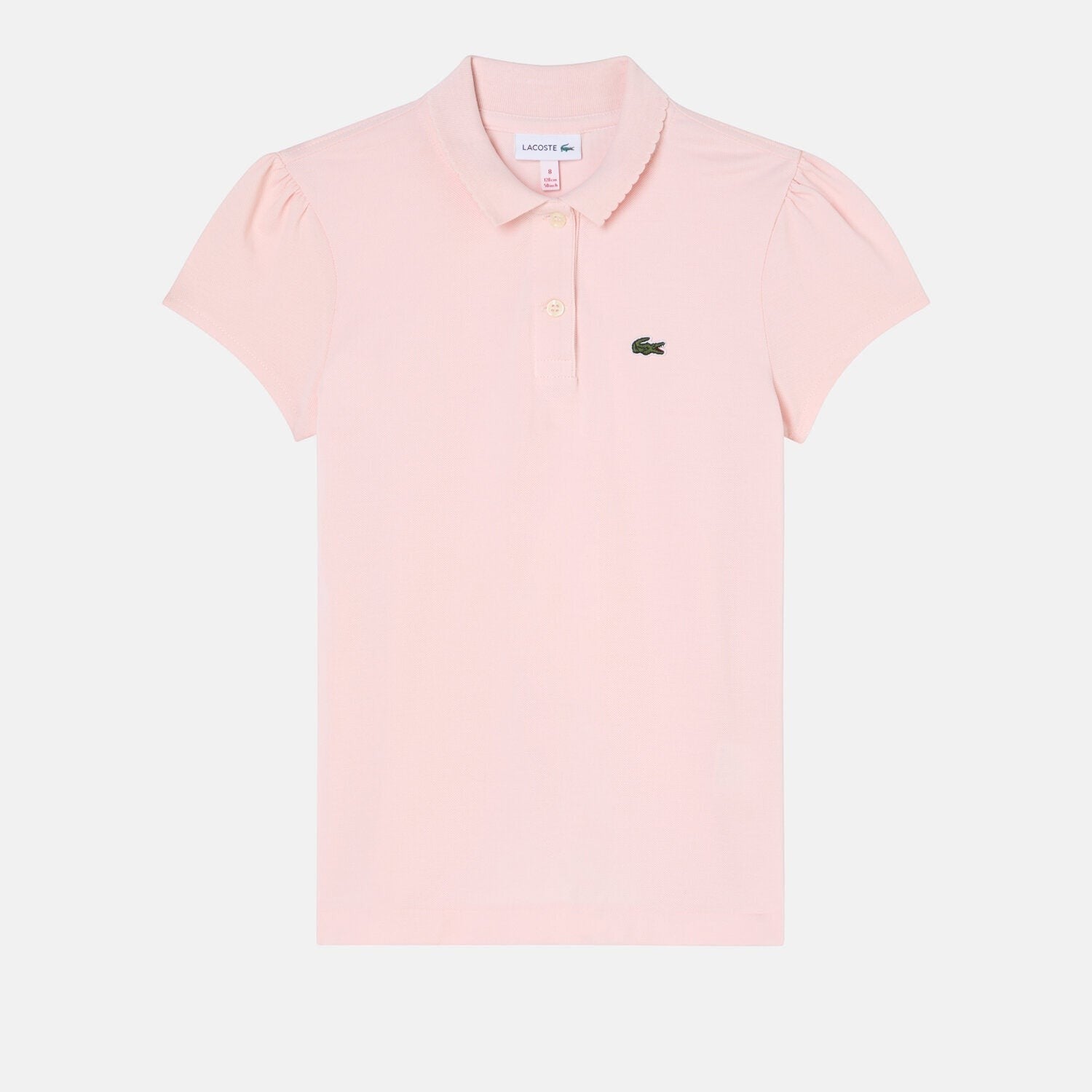 Polo Scugnizzi 0-16 Lacoste rosa in petit piqué di cotone con maniche a sbuffo e colletto smerlato per bambina