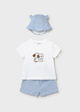 Scugnizzi 0-16 set bianco con ricamo cane e gatto, pantaloncini a righe azzurre e cappellino con orecchiette. Cotone.