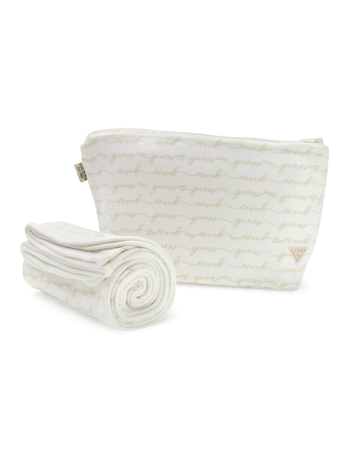Set neonato Scugnizzi 0-16 con copertina avvolgente e pochette Guess in tessuto bianco con logo stampato all-over.