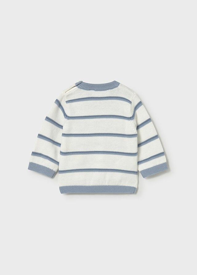 Scugnizzi 0-16 striped cotton sweater in white and blue with button shoulder detail.