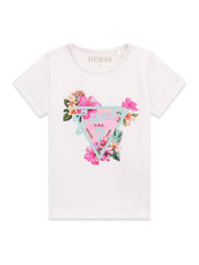 T-shirt bianca a maniche corte Scugnizzi 0-16 in cotone con stampa floreale e logo triangolare glitterato
