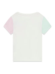 Vista posteriore della t-shirt Scugnizzi 0-16 bianca con maniche corte color pastello rosa e verde acqua