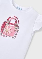 T-shirt bianca in cotone Scugnizzi 0-16 con maniche a volant e stampa frontale di una borsetta rosa con fiore