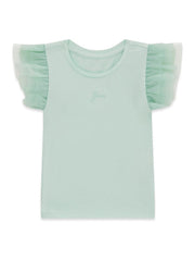 T-shirt Scugnizzi 0-16 in cotone verde acqua per bambina con maniche corte arricchite da romantici volant in tulle.