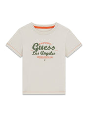 T-shirt Scugnizzi 0-16 in cotone beige con stampa grafica California Guess Los Angeles e dettagli arancioni