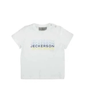 T-shirt bianca in cotone per bambino Scugnizzi 0-16 con logo Jeckerson stampato e bottoni a pressione sulla spalla