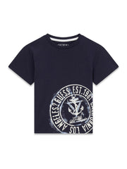 T-shirt blu a maniche corte Scugnizzi 0-16 in cotone con stampa grafica circolare a tema nautico e ancora