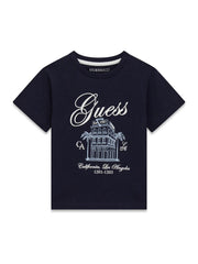 T-shirt Scugnizzi 0-16 blu navy in cotone per bambini con stampa grafica bianca Los Angeles e logo Guess sul petto