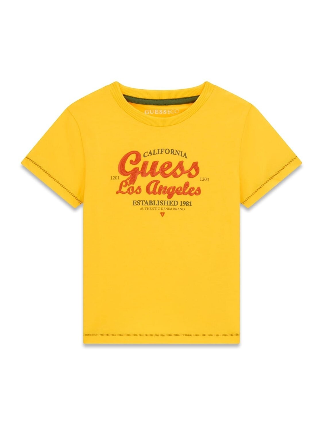T-shirt gialla a maniche corte Scugnizzi 0-16 in cotone con stampa grafica Guess Los Angeles rossa e arancione