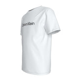 T-shirt bianca in cotone rigenerato Calvin Klein Junior con logo nero sul petto, vista laterale, Scugnizzi 0-16