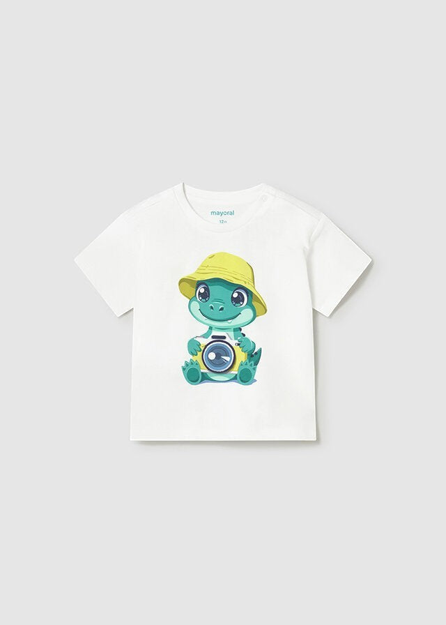 T-shirt bianca in cotone Scugnizzi 0-16 con stampa di un simpatico coccodrillo esploratore con macchina fotografica