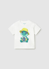 T-shirt bianca in cotone Scugnizzi 0-16 con stampa di un simpatico coccodrillo esploratore con macchina fotografica
