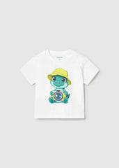 T-shirt bianca in cotone Scugnizzi 0-16 con stampa di un simpatico coccodrillo esploratore con macchina fotografica