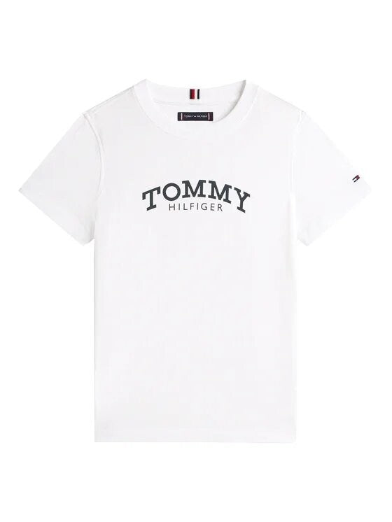 T-shirt bianca in cotone Scugnizzi 0-16 con logo Tommy Hilfiger stampato sul petto e girocollo classico