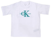 T-shirt bianca Scugnizzi 0-16 in cotone rigenerato con logo Calvin Klein verde applicato sul petto per bambino