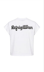 T-shirt bianca Scugnizzi 0-16 RefrigiWear con logo nero stampato sul retro, taglio moderno e vestibilità confortevole.