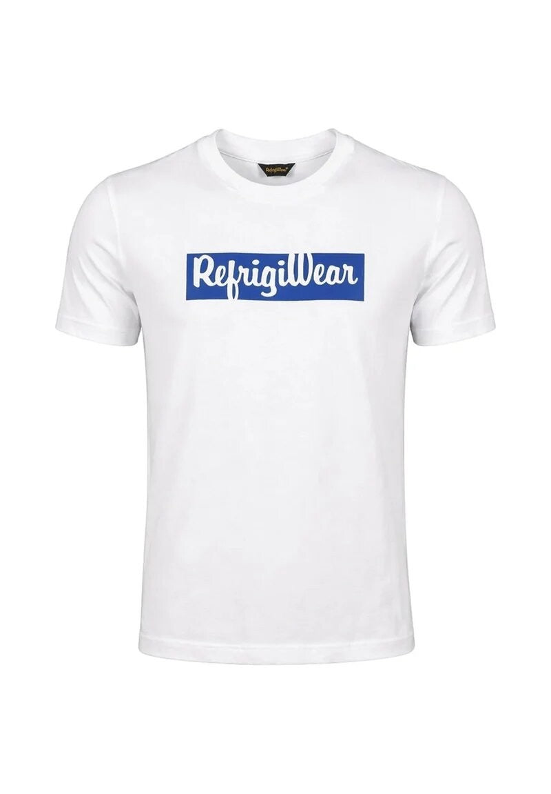 T-shirt bianca in cotone Scugnizzi 0-16 con logo RefrigiWear blu stampato sul petto, girocollo e maniche corte.