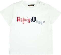 T-shirt bianca in cotone Scugnizzi 0-16 RefrigiWear con logo multicolore e bottoni a pressione sulla spalla