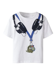 T-shirt bianca a maniche corte Scugnizzi 0-16 name it con stampa grafica di cuffie e dinosauro