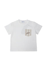 T-shirt bianca a maniche corte Scugnizzi 0-16 in cotone con taschino a righe beige e logo ricamato sul petto