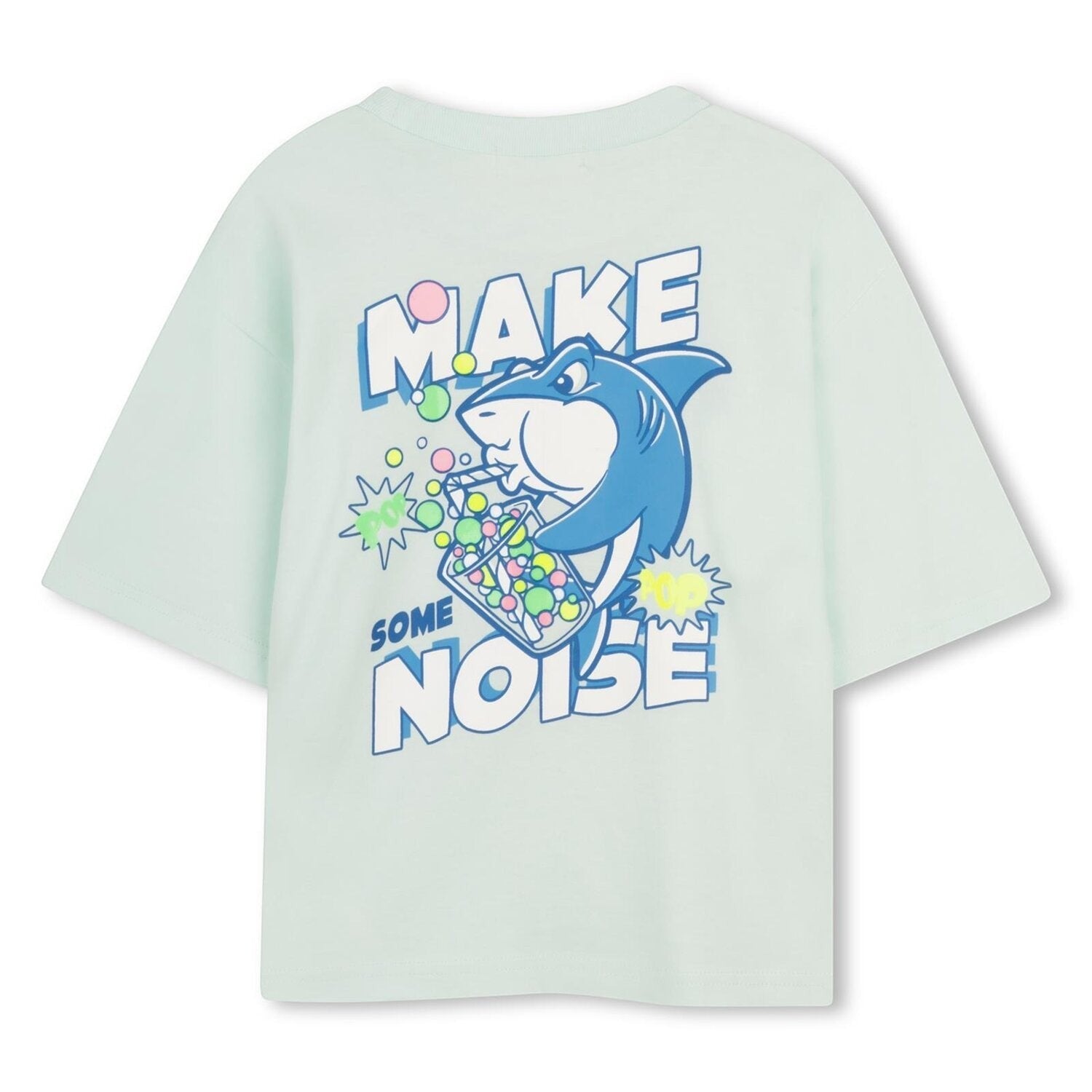 T-shirt Billieblush verde acqua in cotone con stampa grafica di uno squalo e scritta Make Some Noise sul retro