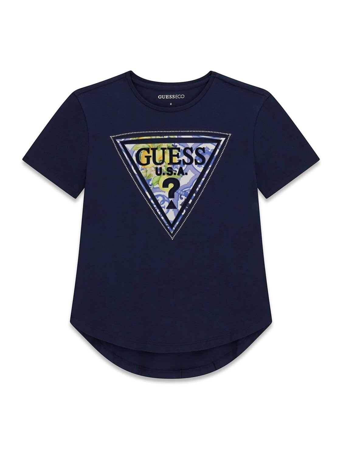 T-shirt blu a maniche corte Scugnizzi 0-16 in cotone con logo triangolare GUESS stampato sul petto